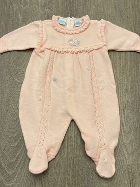 Vtg Baby Girl Bright Future Footed Outfit 3 Mos Knitted Pink Floral Embroidery